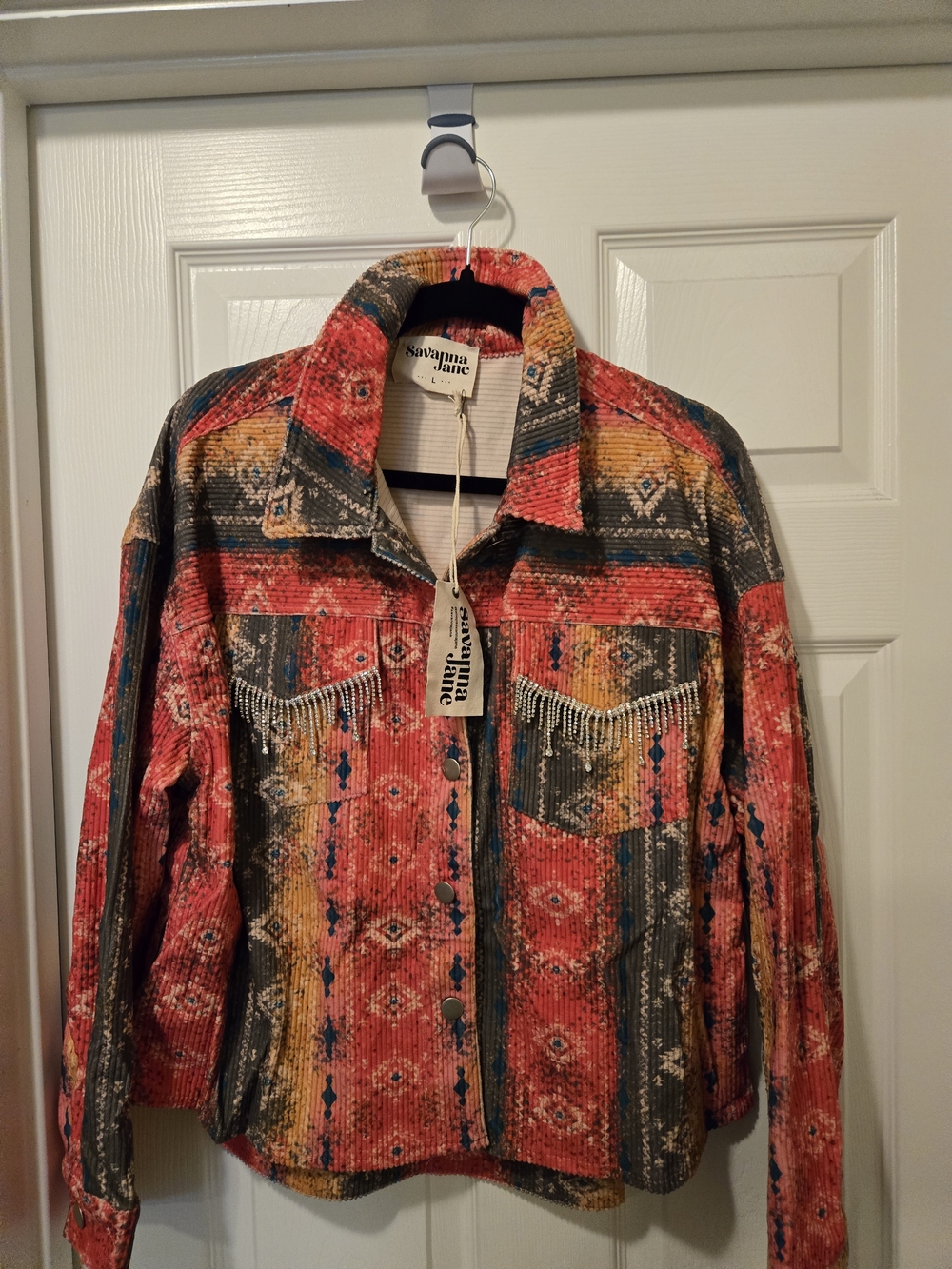 Savanna Jane Women's Red Patterned Fringe Corduroy Jacket - Picture 4 of 12
